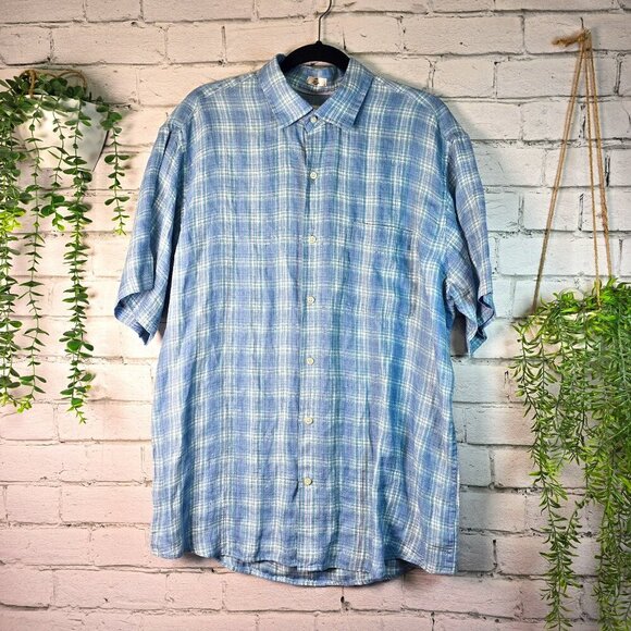 PETER MILLAR SEASIDE SHORT SLEEVE 100% LINEN SHIRT BLUE GREEN PLAID MENS LG - Picture 1 of 5